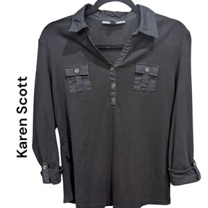 Karen Scott | Women's V-Neck Collared Too Blouse 2 Front Pockets | Black | Large